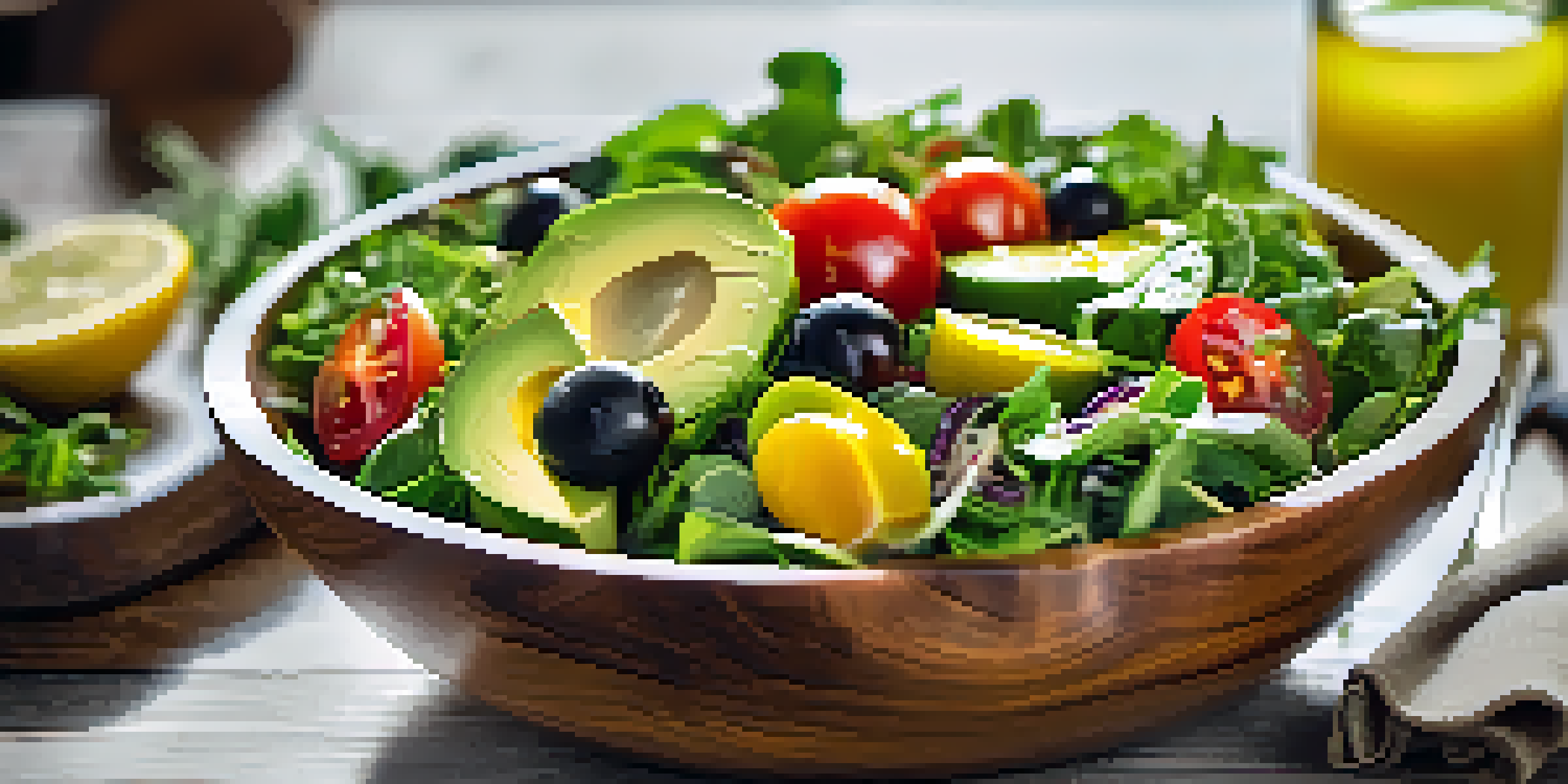 A colorful raw food salad in a wooden bowl with mixed greens, cherry tomatoes, and avocado, accented by a lemon vinaigrette.
