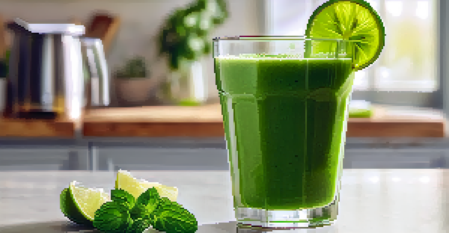 A close-up of a green smoothie in a glass, garnished with mint and lime in a bright kitchen setting.