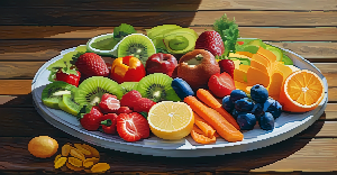 A colorful raw food platter with fruits and vegetables arranged on a wooden table under natural sunlight.