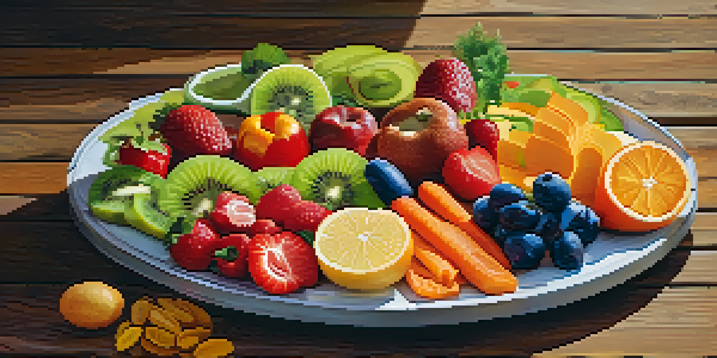 A colorful raw food platter with fruits and vegetables arranged on a wooden table under natural sunlight.