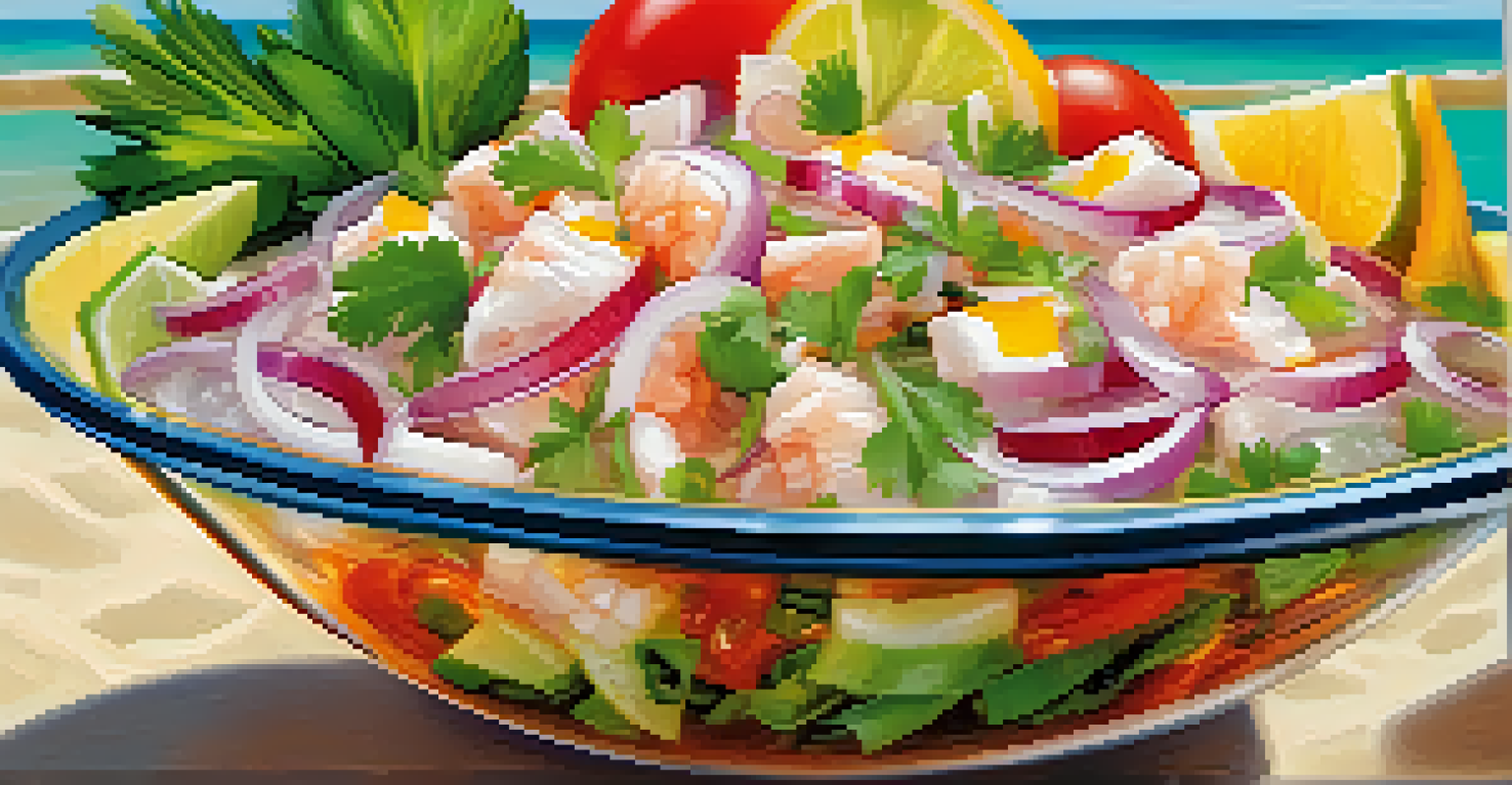 Aerial view of ceviche with raw fish, citrus, and fresh vegetables in a clear bowl, with lime wedges and a beach background.