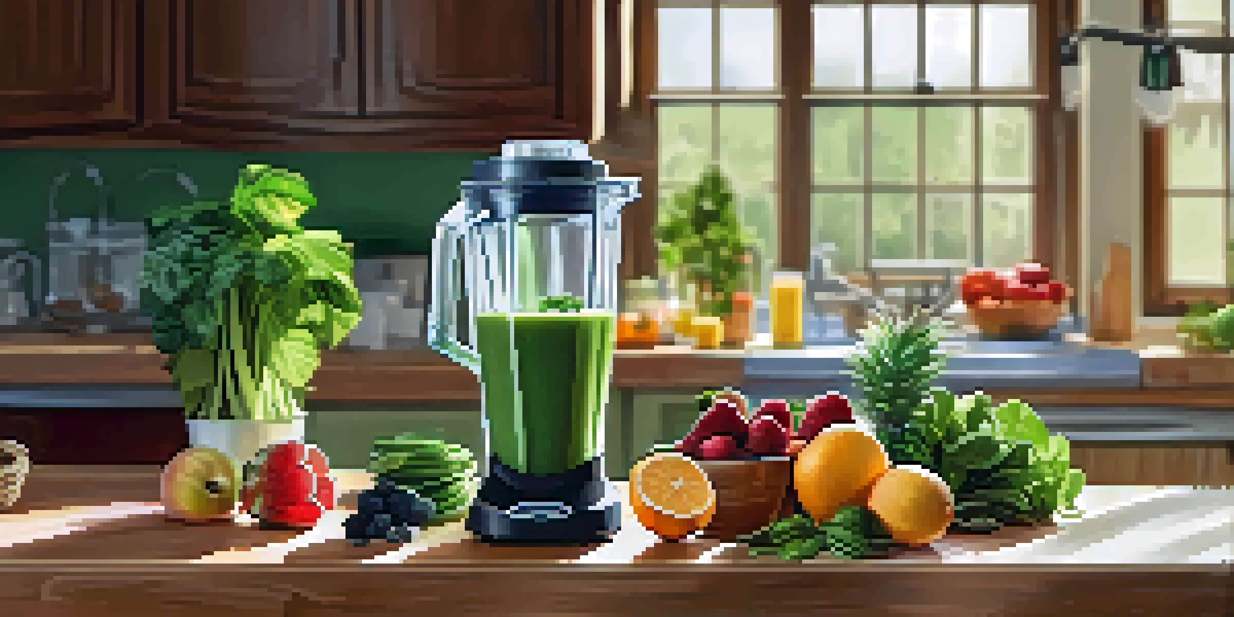 A bright kitchen with a blender and fresh ingredients, showing a smoothie in preparation.