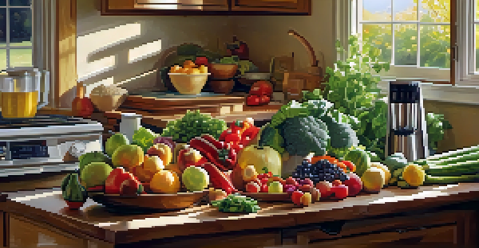 A bright kitchen filled with fresh fruits and vegetables on a wooden countertop, a blender and food processor in the background, with sunlight illuminating the scene.