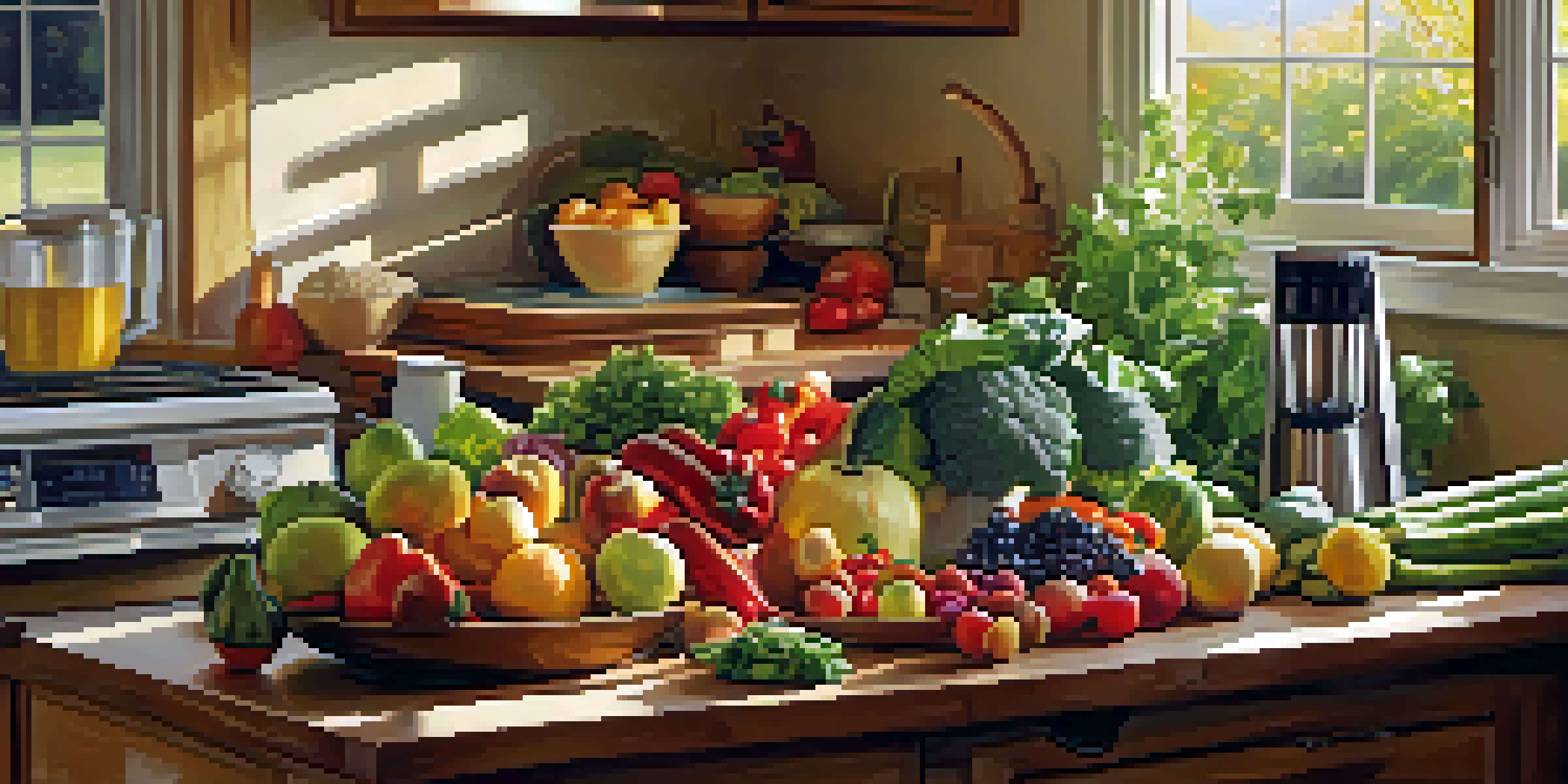 A bright kitchen filled with fresh fruits and vegetables on a wooden countertop, a blender and food processor in the background, with sunlight illuminating the scene.