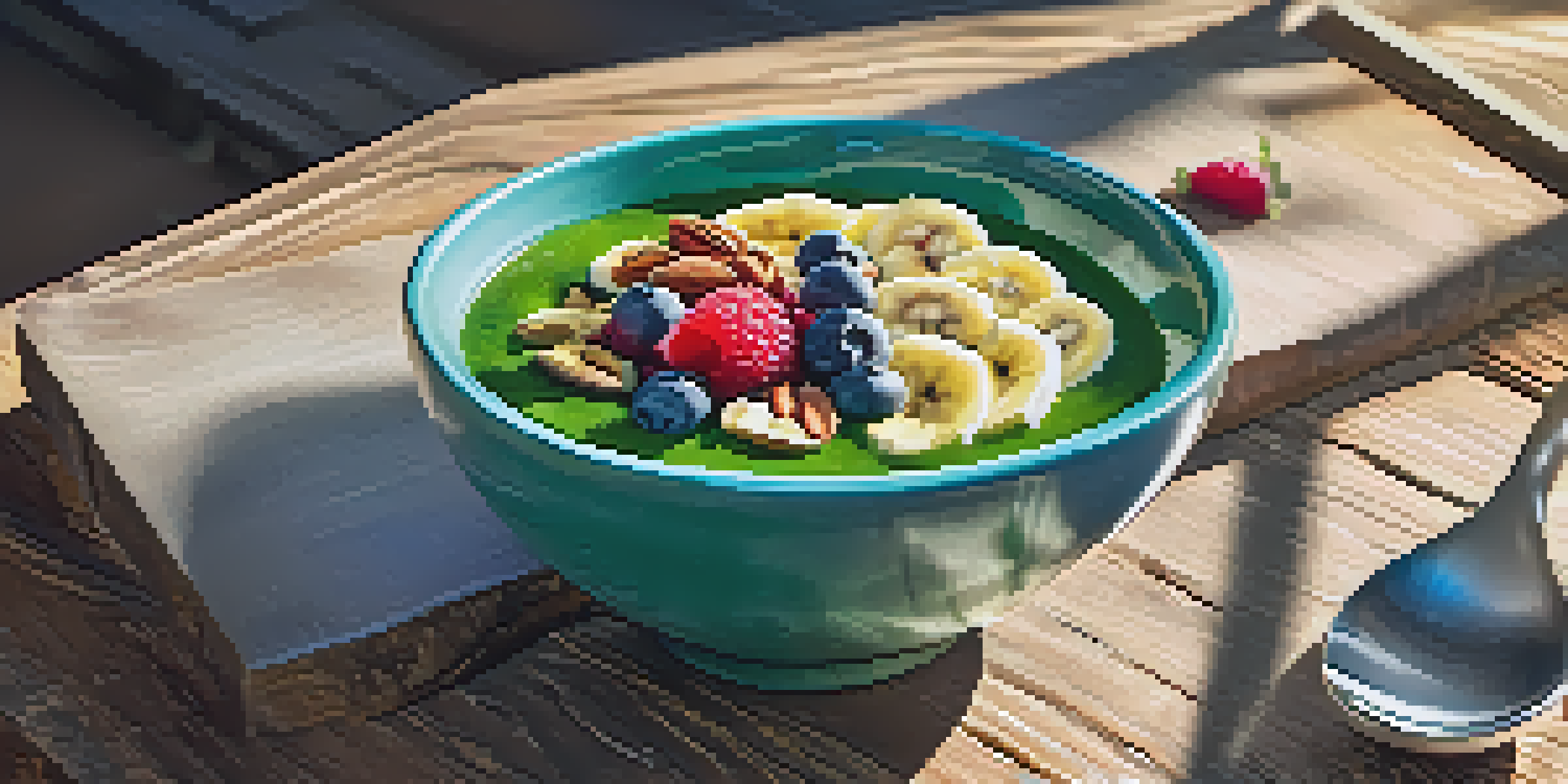 A nutritious smoothie bowl with spinach, bananas, coconut water, and colorful toppings on a wooden table, illuminated by sunlight.
