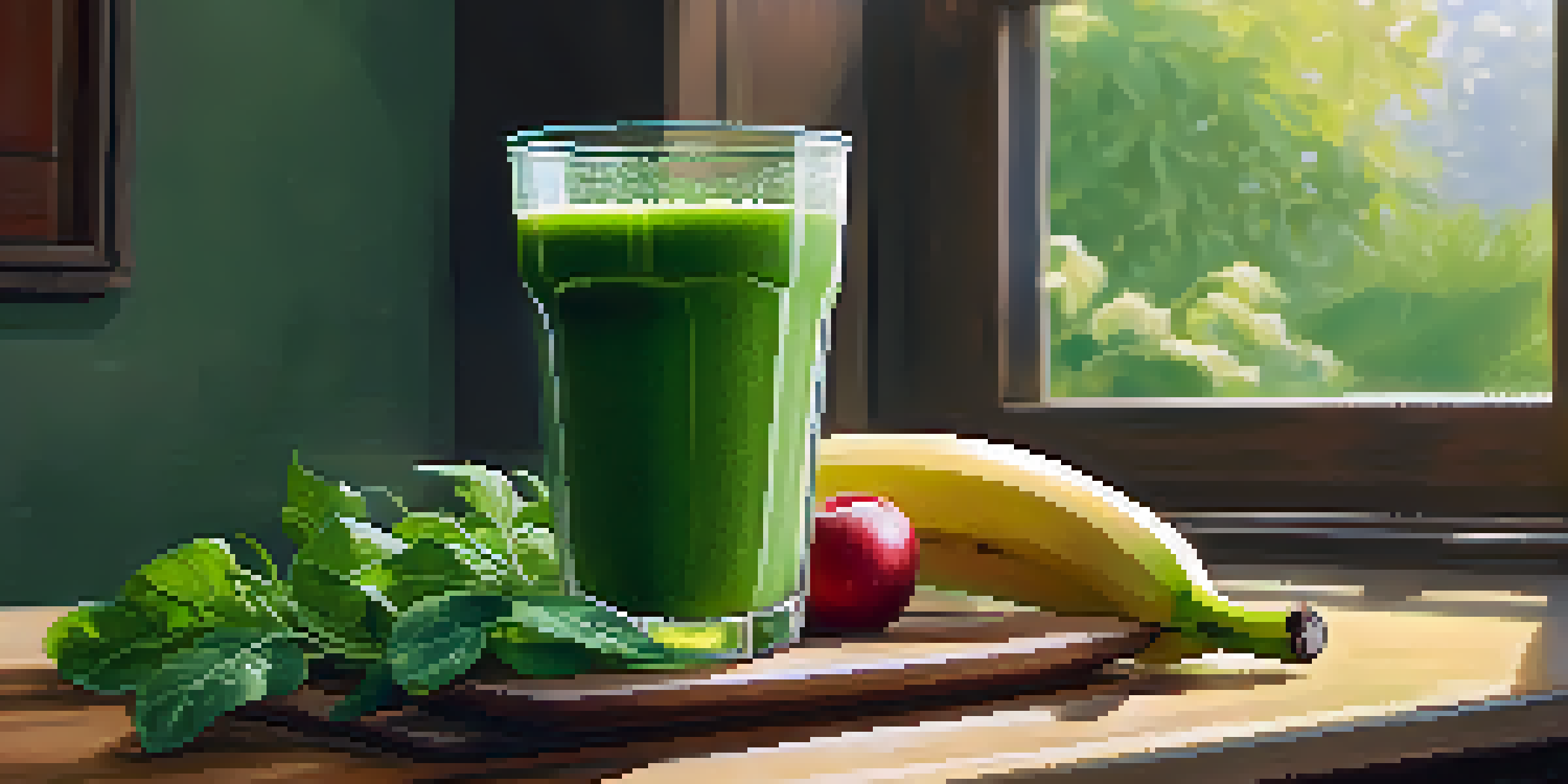 A clear glass filled with a vibrant green smoothie made from leafy greens and fresh fruits, surrounded by fresh ingredients on a wooden table with sunlight.