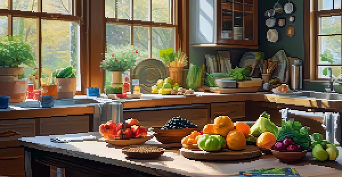 A bright kitchen with a wooden table showcasing fresh fruits, vegetables, nuts, and seeds, with a smartphone displaying a meal planning app and cookbooks nearby.