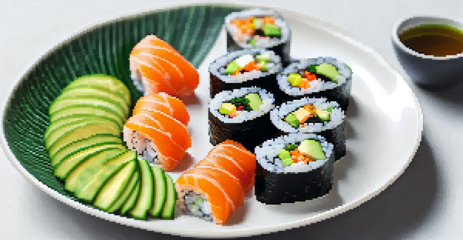 A plate of beautifully arranged raw vegan sushi rolls filled with colorful vegetables, garnished with sesame seeds and served with wasabi.