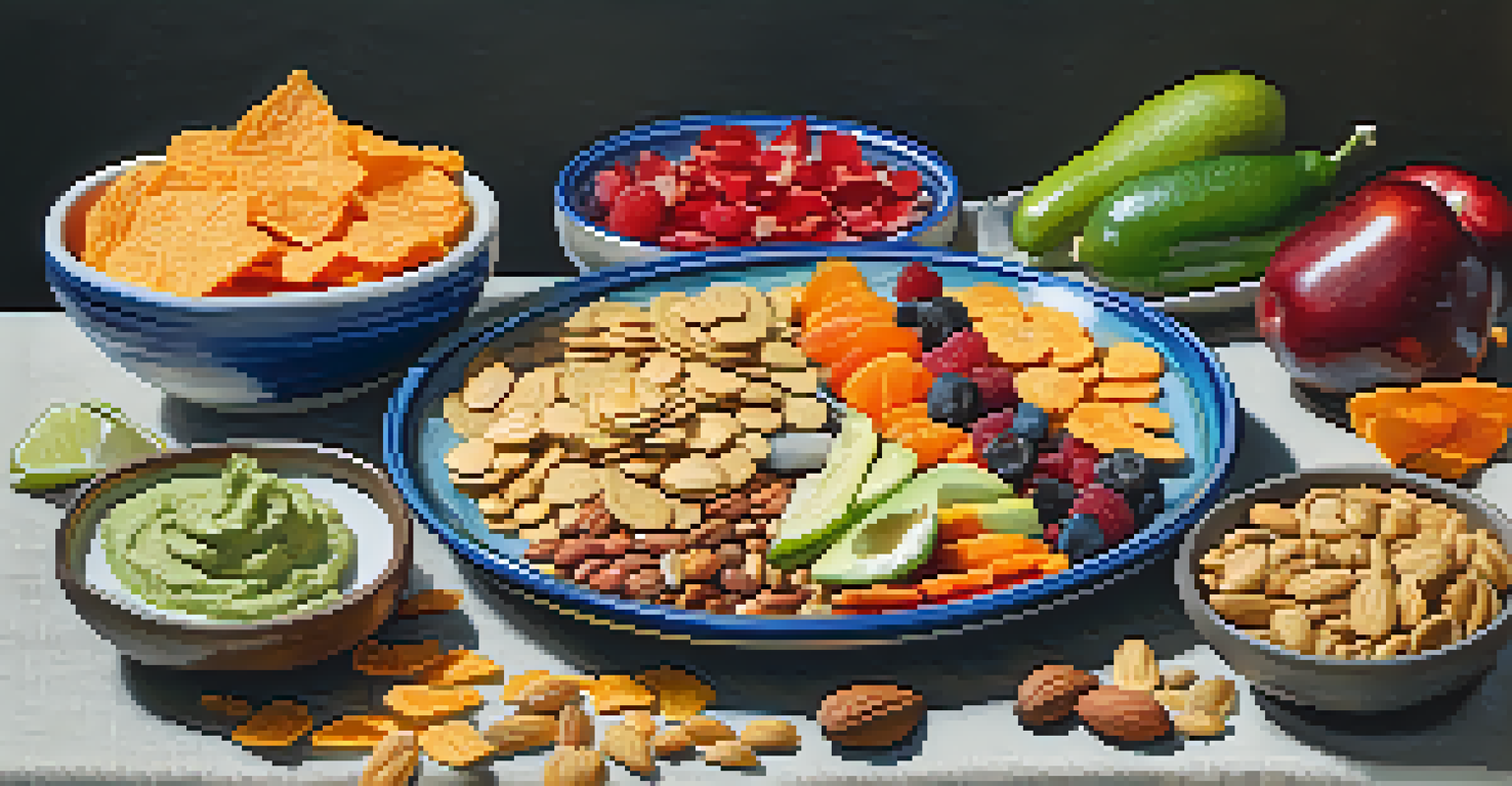 A colorful plate of raw snacks including fruit chips and crackers, with guacamole and veggies on the side.
