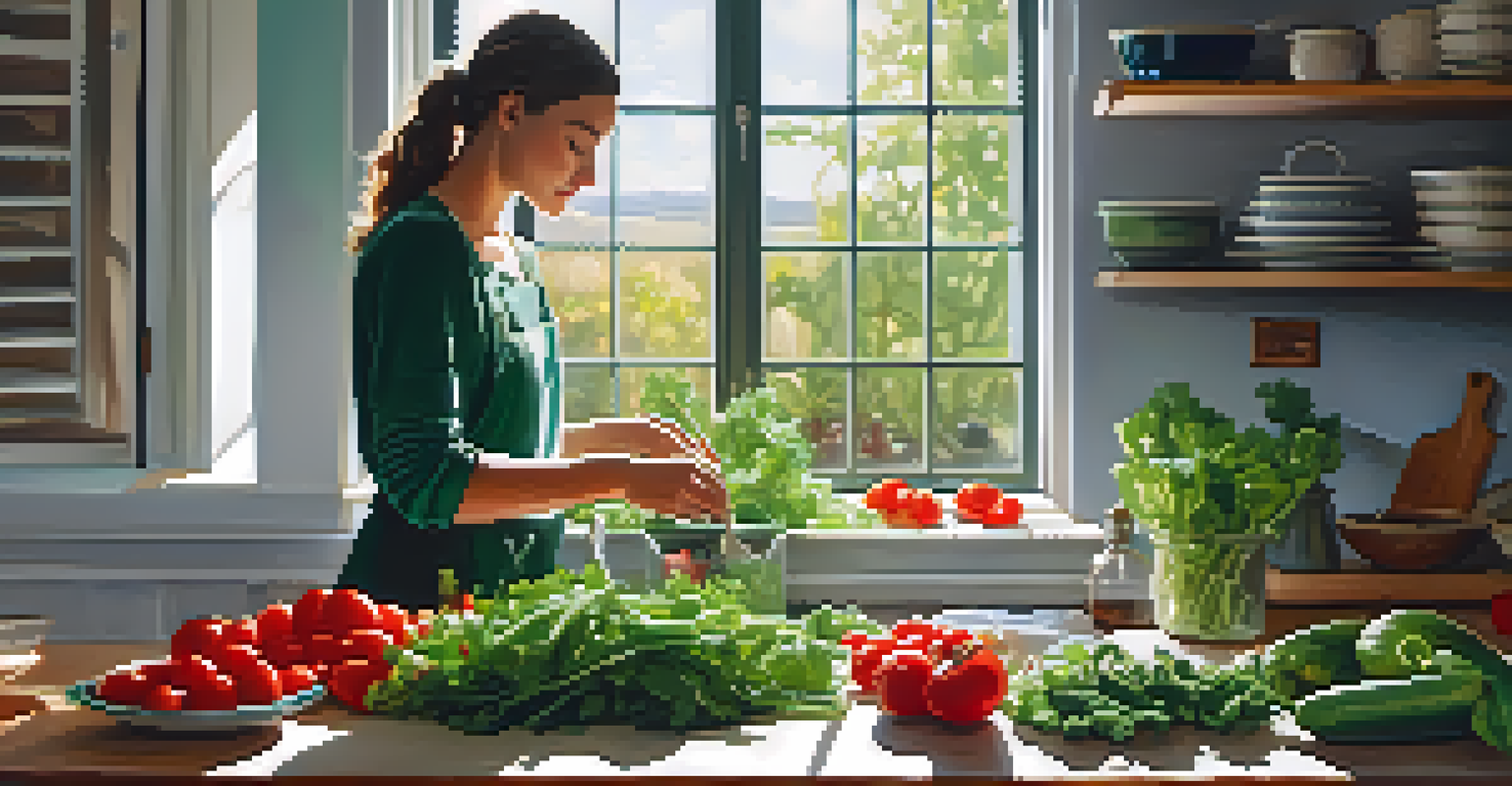 A person preparing a raw salad in a bright kitchen, surrounded by fresh vegetables and herbs, with natural sunlight streaming through a window.