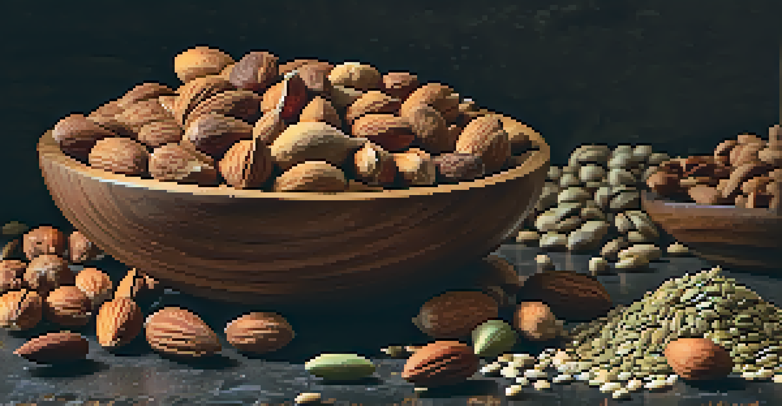 An assortment of raw nuts and seeds in a wooden bowl on a dark marble countertop.