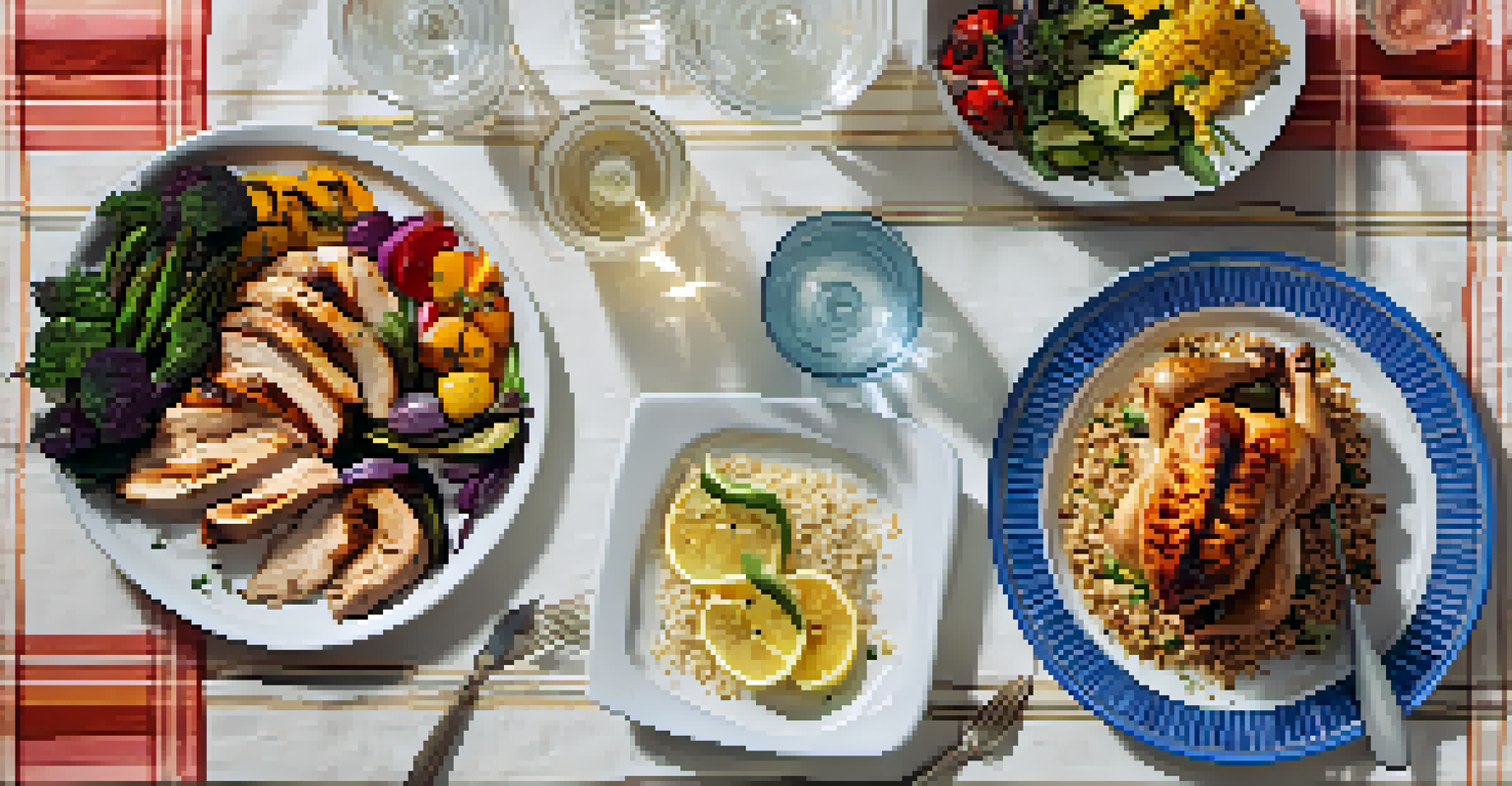 An overhead view of a grilled chicken meal with roasted vegetables and grains on a white plate, with a colorful tablecloth.