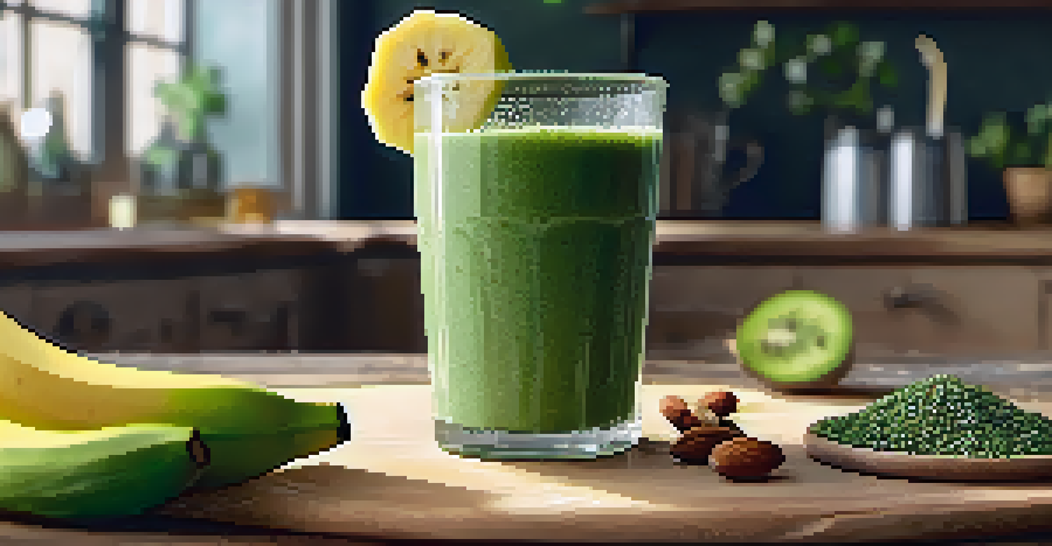 A clear glass of green smoothie topped with chia seeds and banana slice, in a rustic kitchen setting with jars of nuts.