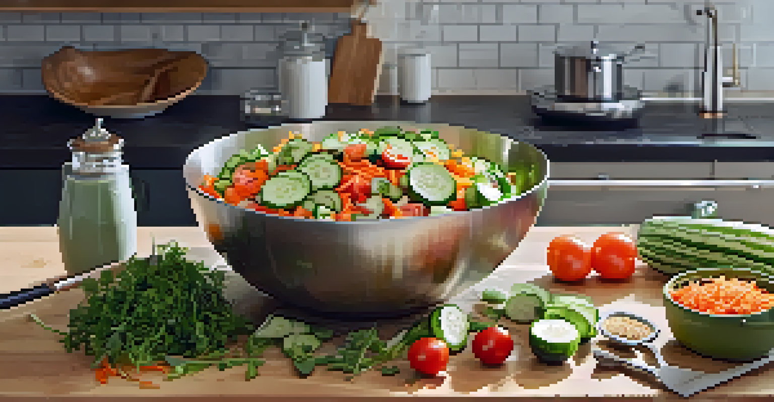 An overhead view of a colorful salad in a mixing bowl, surrounded by kitchen tools and fresh vegetables on a table.