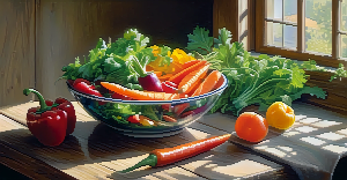 A colorful salad bowl filled with fresh raw vegetables like carrots and bell peppers on a wooden table, with soft sunlight filtering through a window.