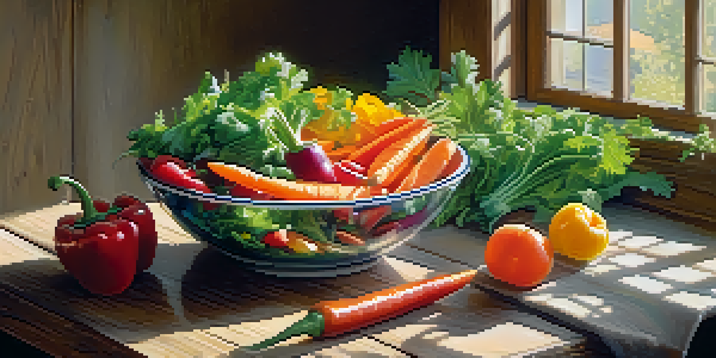 A colorful salad bowl filled with fresh raw vegetables like carrots and bell peppers on a wooden table, with soft sunlight filtering through a window.