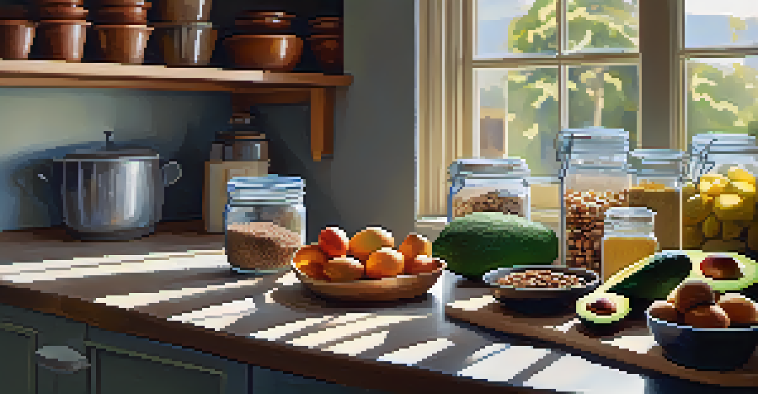 A kitchen countertop displaying raw ingredients such as nuts, seeds, and fresh vegetables, illuminated by sunlight.