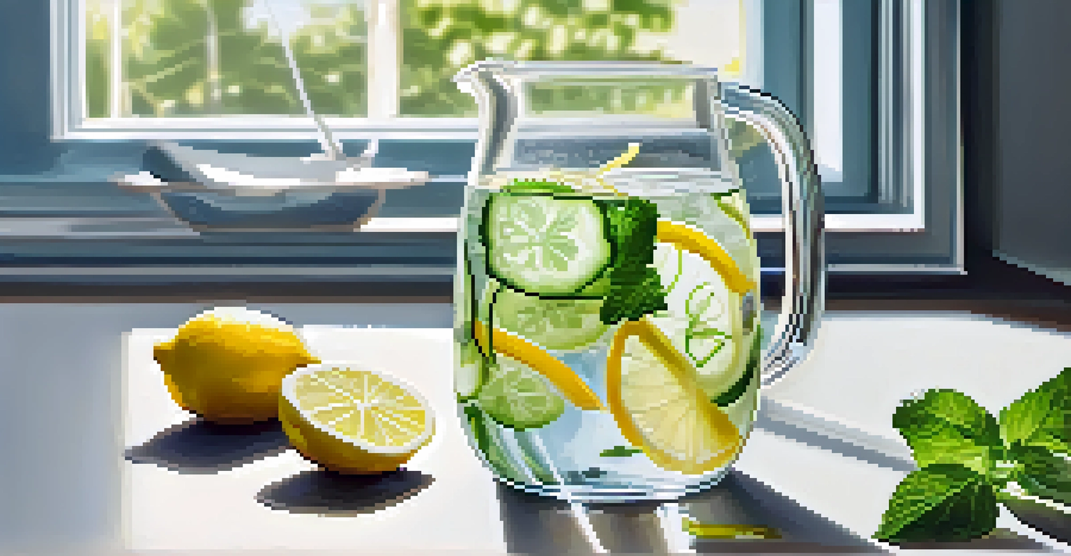 A glass of infused water with cucumber, lemon, and mint on a kitchen counter, sparkling in sunlight.