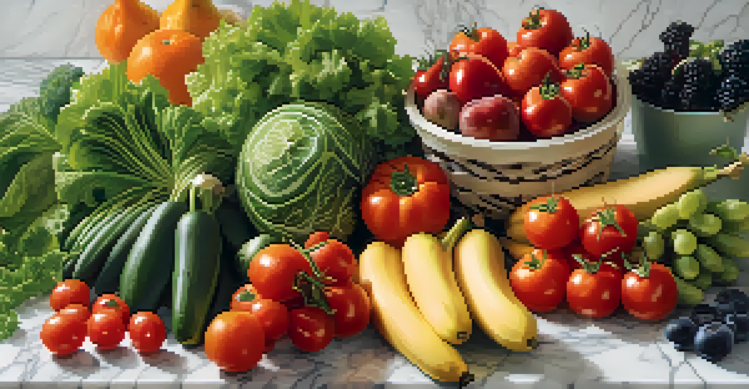 A colorful display of raw vegetables and fruits on a marble countertop, showcasing freshness and variety.