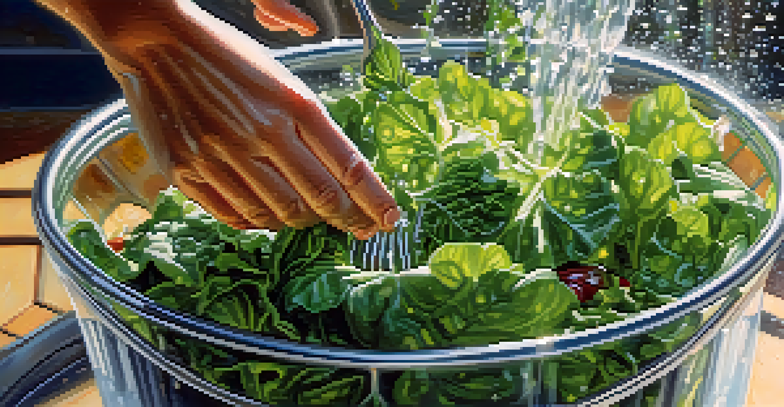 A close-up of leafy greens being washed in a salad spinner, emphasizing the freshness and preparation of raw foods.