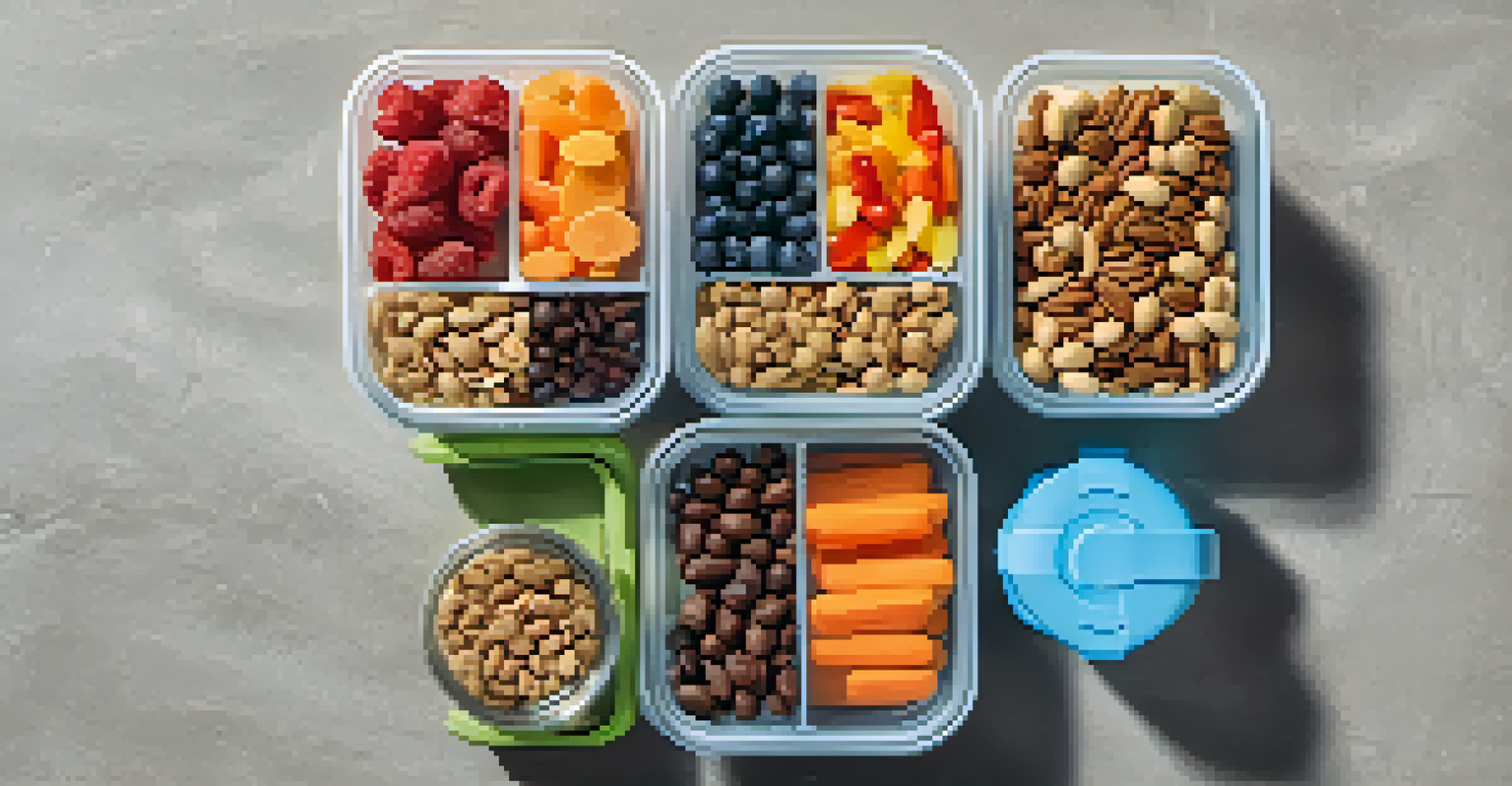 Close-up of packed raw snacks in containers, including trail mix and vegetable sticks, with a travel bag and water bottle in the background.