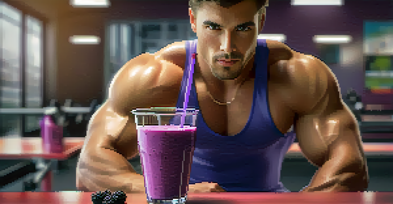 An athlete sitting on a gym bench, drinking a berry smoothie from a clear glass, with gym equipment slightly blurred in the background.