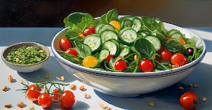 A colorful salad bowl featuring fresh raw vegetables, nuts, and seeds, illuminated by natural sunlight.