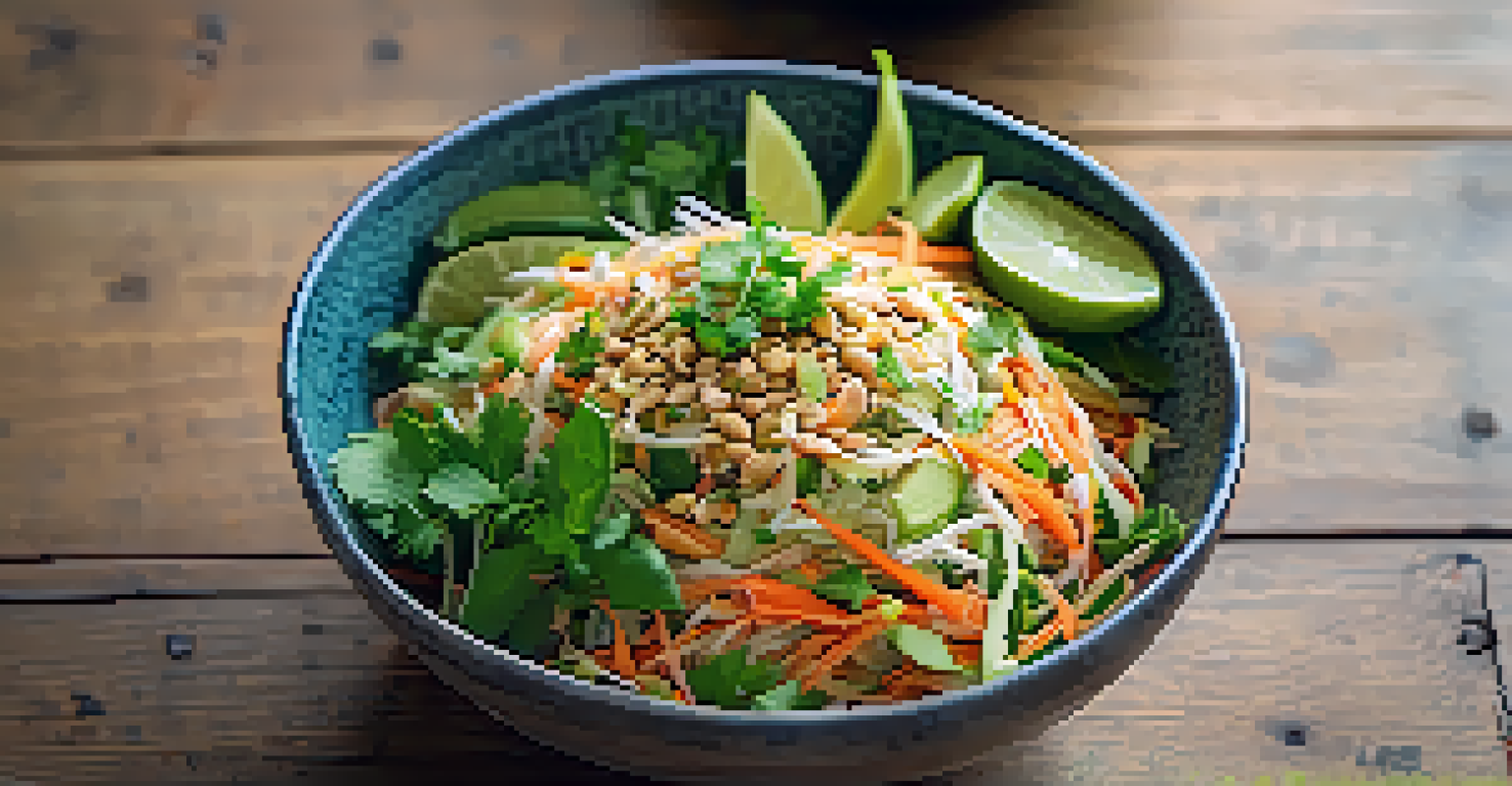 A colorful som tam salad with green papaya, herbs, and peanuts in a rustic bowl, surrounded by fresh ingredients.