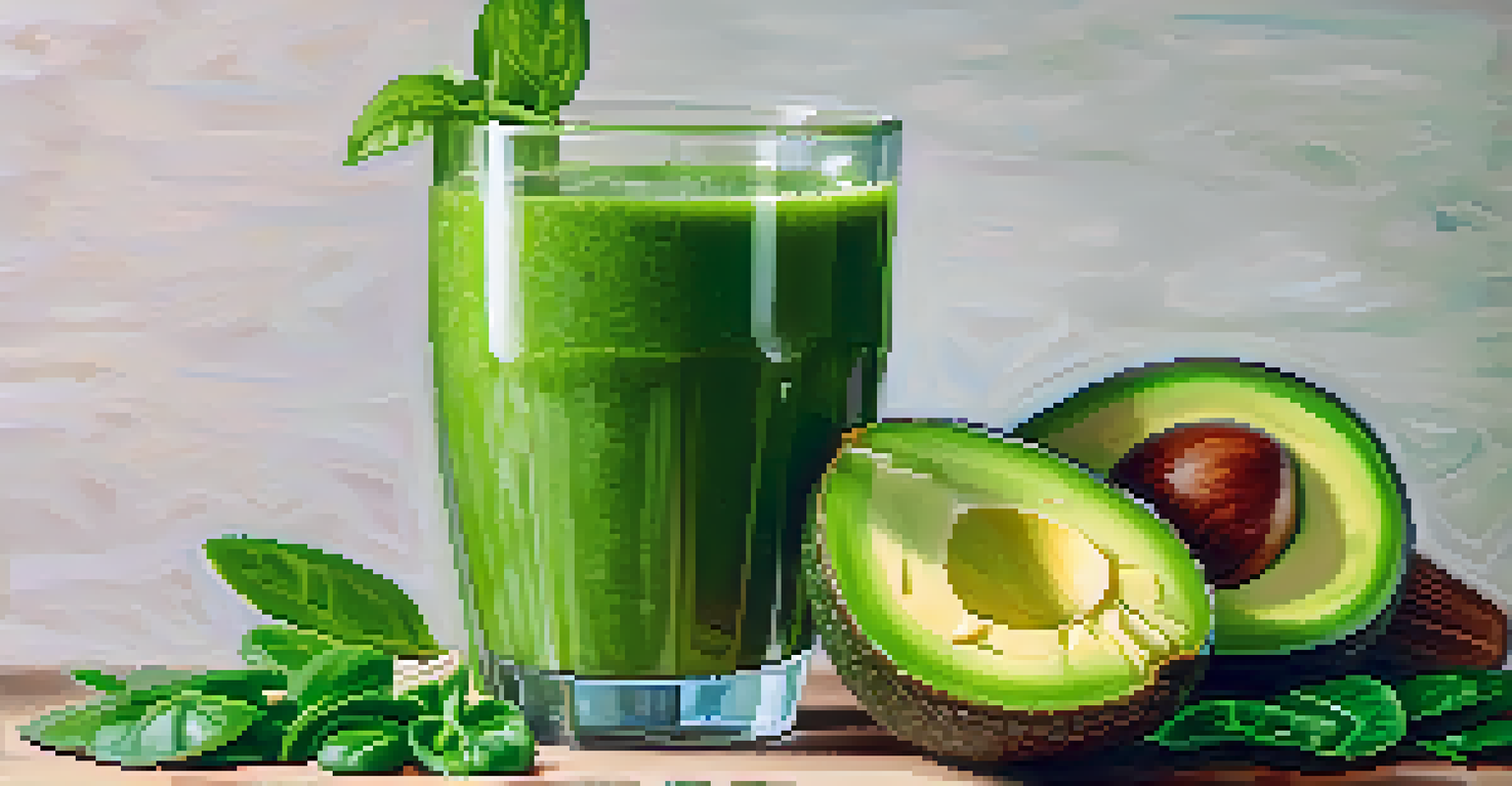 A close-up of a green smoothie in a glass, with fresh spinach and avocado around it, against a softly blurred background.