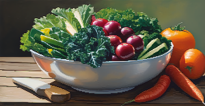 A colorful salad bowl with kale, carrots, tomatoes, and avocado on a wooden table, illuminated by natural light.