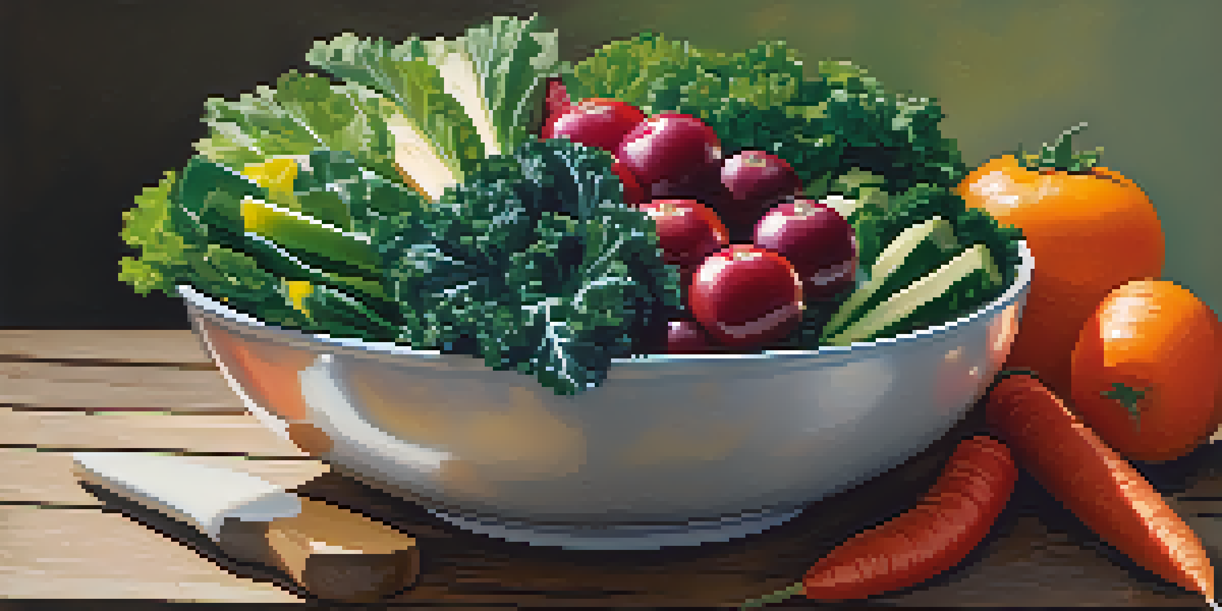 A colorful salad bowl with kale, carrots, tomatoes, and avocado on a wooden table, illuminated by natural light.