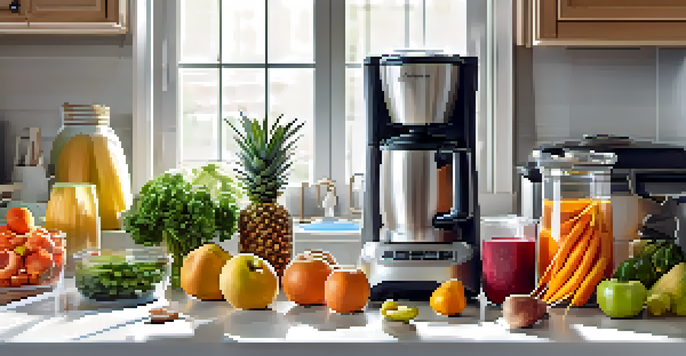 A bright kitchen countertop with colorful fruits and vegetables in glass containers, a chopping board, and a spiralizer, illuminated by morning sunlight.
