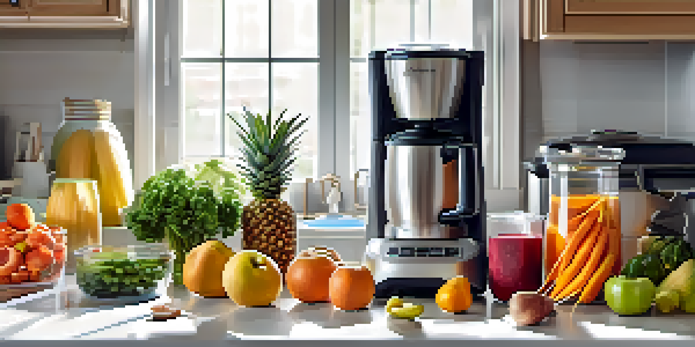 A bright kitchen countertop with colorful fruits and vegetables in glass containers, a chopping board, and a spiralizer, illuminated by morning sunlight.