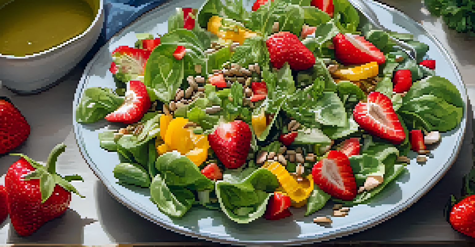A close-up view of a vibrant raw food salad with seasonal ingredients, showcasing strawberries, greens, and bell peppers.