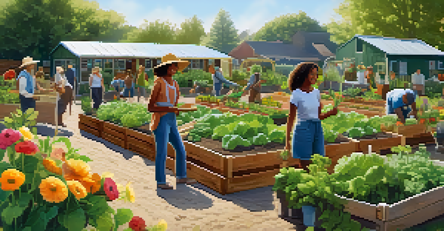 A community garden with people planting and harvesting organic vegetables.