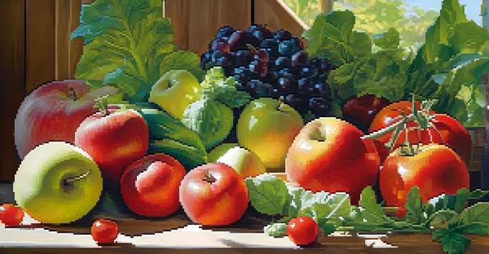 A colorful arrangement of fresh fruits and vegetables on a wooden table, illuminated by sunlight, showcasing a variety of textures and colors.