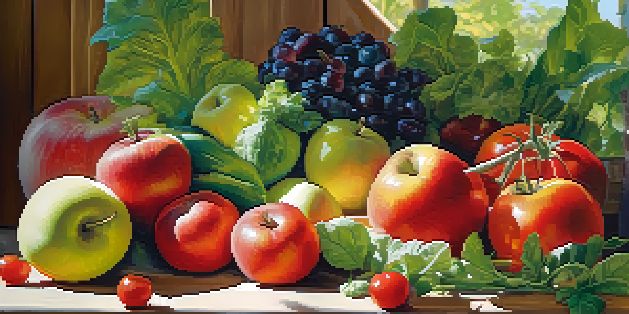 A colorful arrangement of fresh fruits and vegetables on a wooden table, illuminated by sunlight, showcasing a variety of textures and colors.