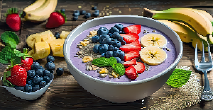 A colorful smoothie bowl filled with fresh fruits and chia seeds, set on a wooden table with sunlight shining on it.
