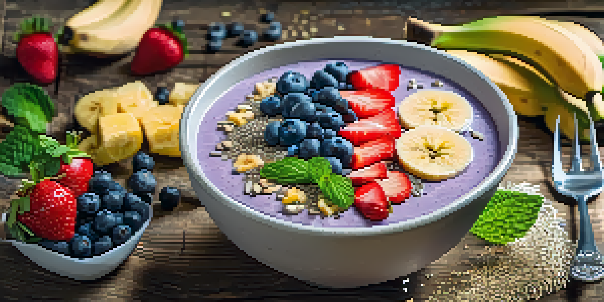 A colorful smoothie bowl filled with fresh fruits and chia seeds, set on a wooden table with sunlight shining on it.