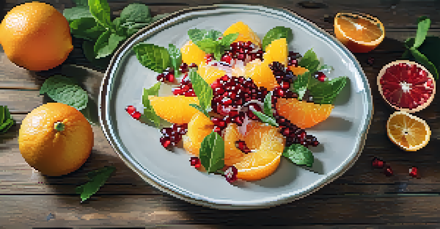 A plate of winter citrus salad with oranges, grapefruits, and pomegranate seeds, garnished with mint.