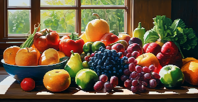 An artistic arrangement of fresh fruits and vegetables on a wooden table with sunlight illuminating the scene.