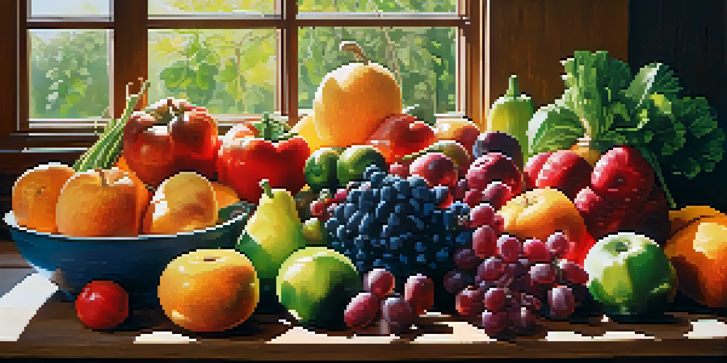 An artistic arrangement of fresh fruits and vegetables on a wooden table with sunlight illuminating the scene.