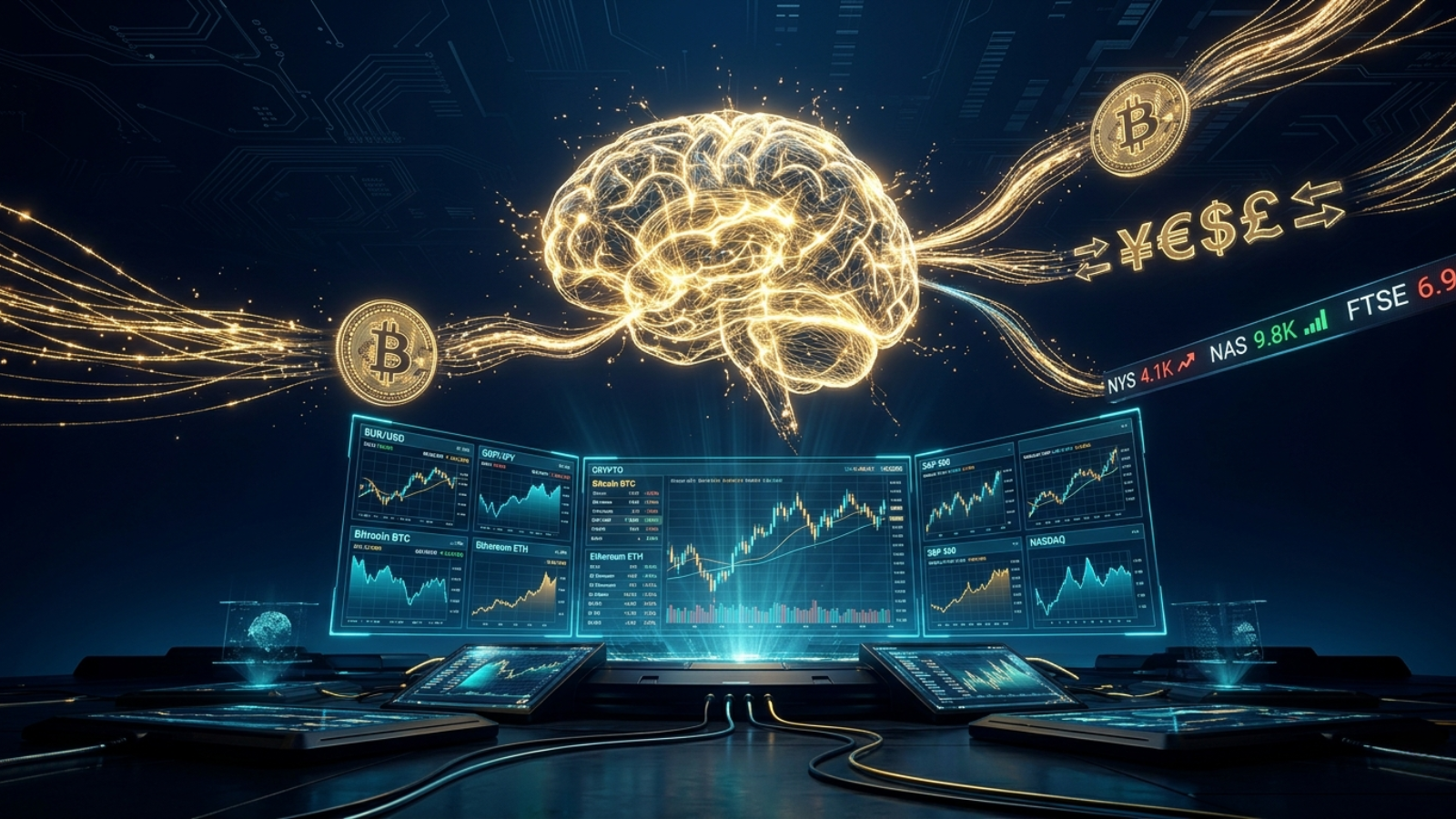 Artificial intelligence analyzing global forex, crypto, and stock markets