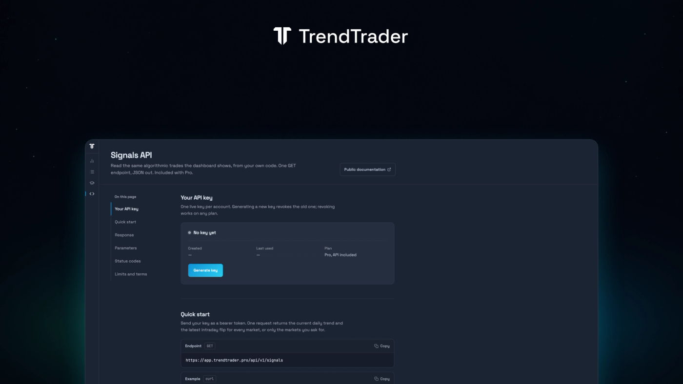 The API page in the TrendTrader Pro app with the Generate key button and quick start