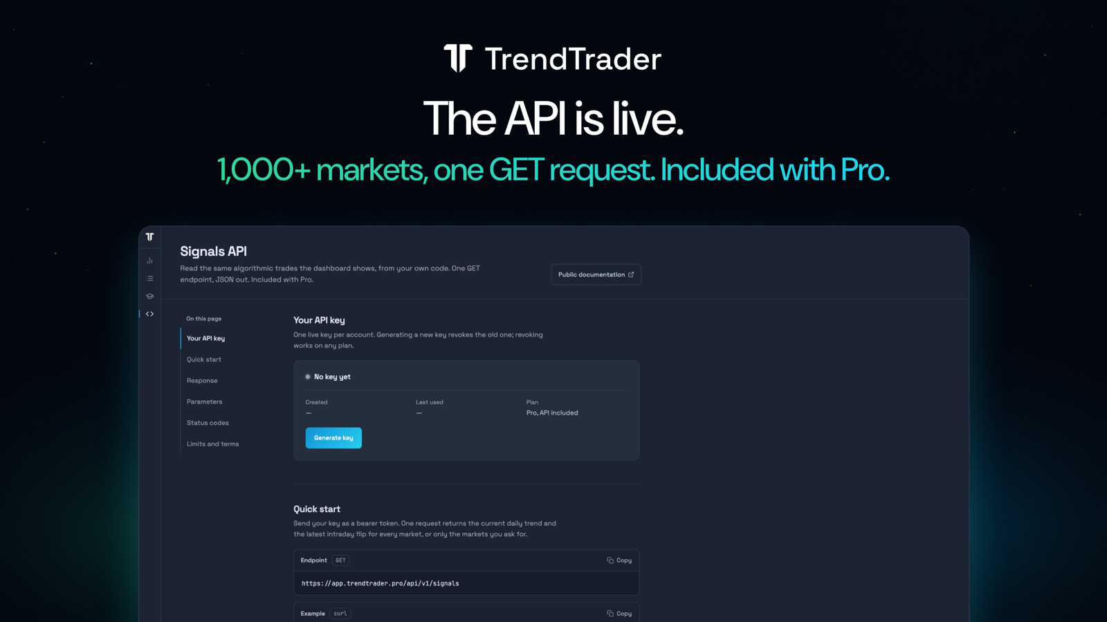 TrendTrader Pro Signals API: every algorithmic trade across 1,000+ markets as JSON