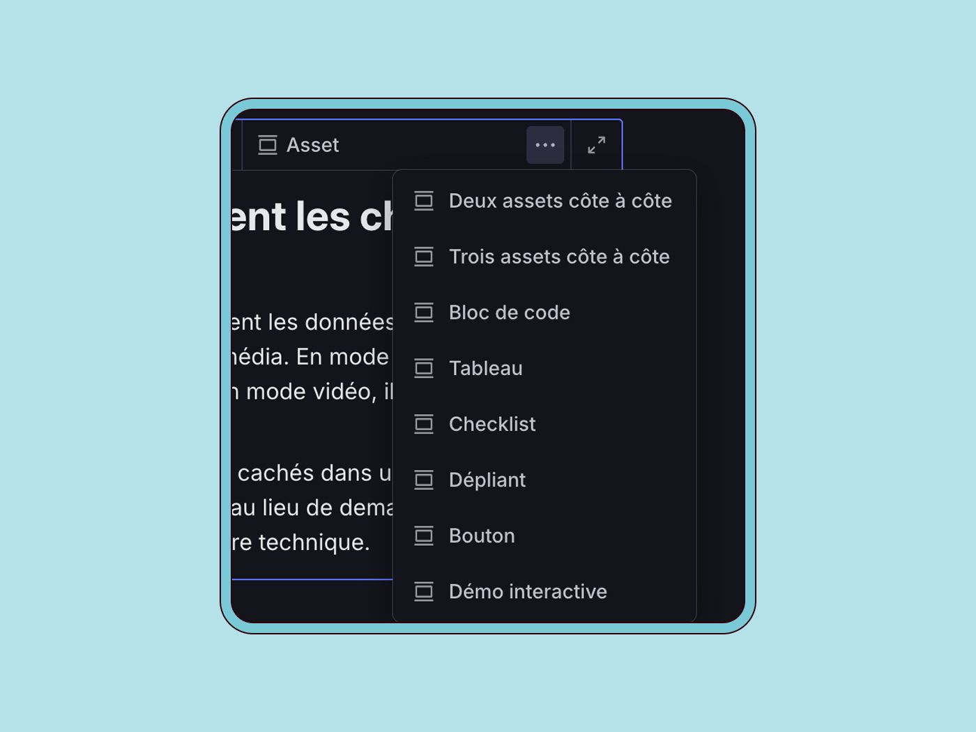 Le menu d'insertion du rich text ouvert dans Sanity Studio, listant les blocs disponibles pour ce projet