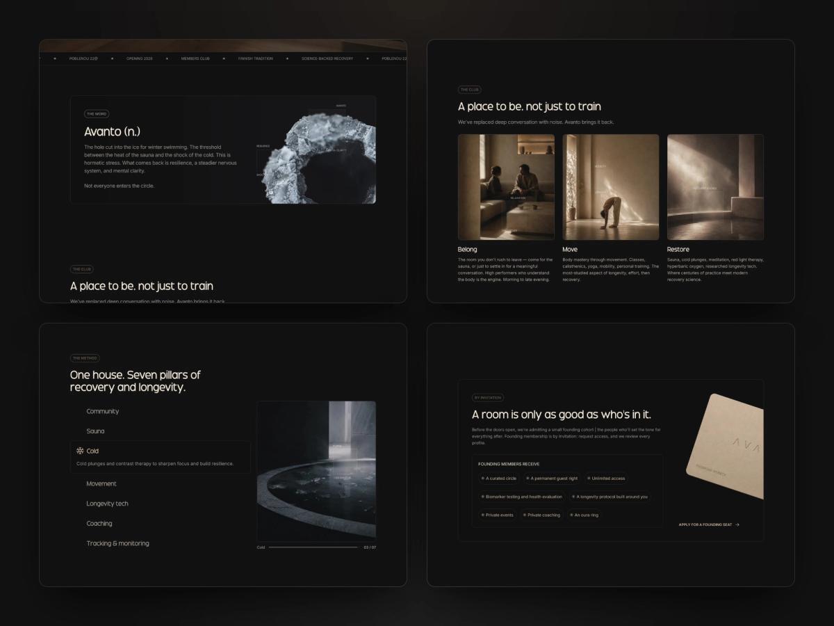 Quatre sections de la page d'accueil d'Avanto sur desktop