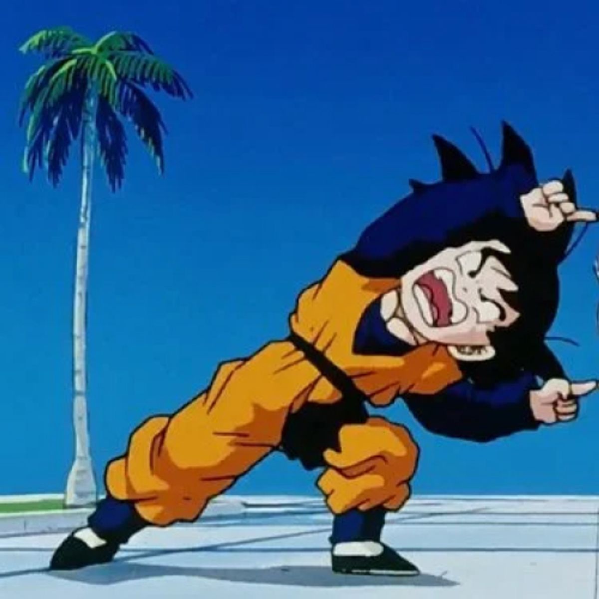 Un personnage de dessin animé exécute la danse de la fusion, bras tendu vers la droite