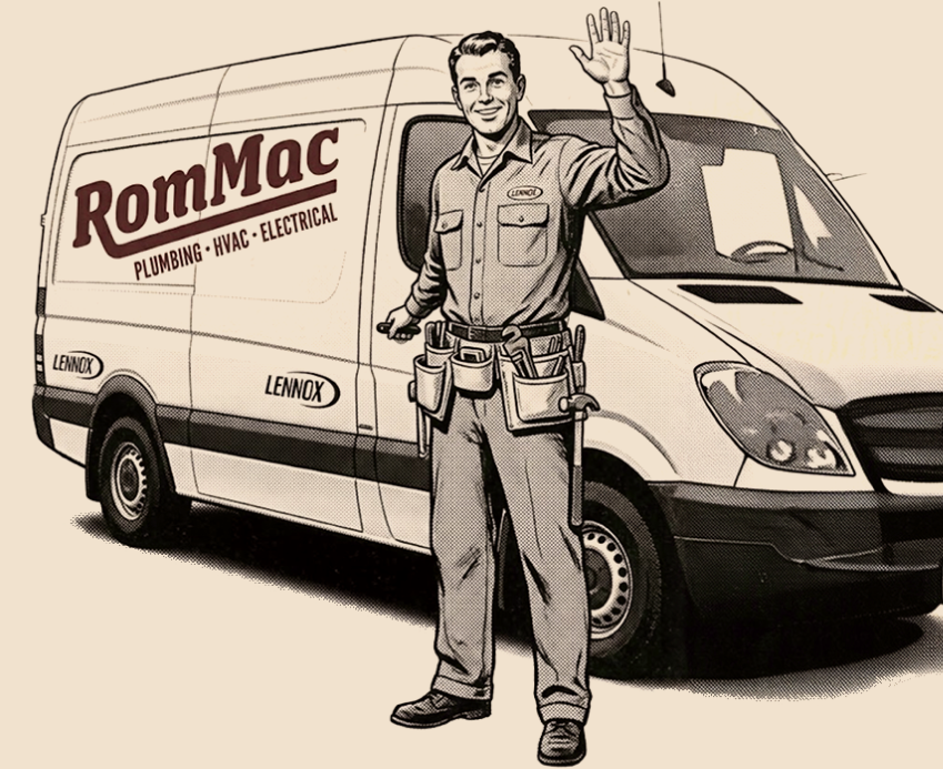 RomMac technician standing beside a RomMac Plumbing, HVAC & Electrical service van