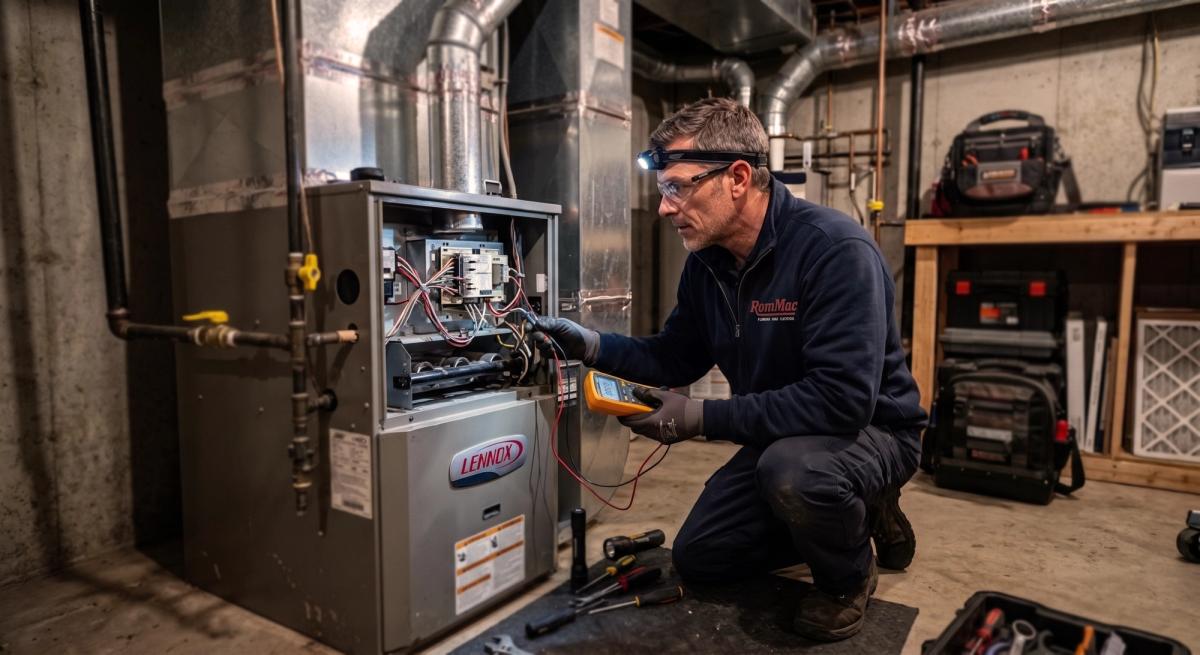 RomMac technician fixing a furnace